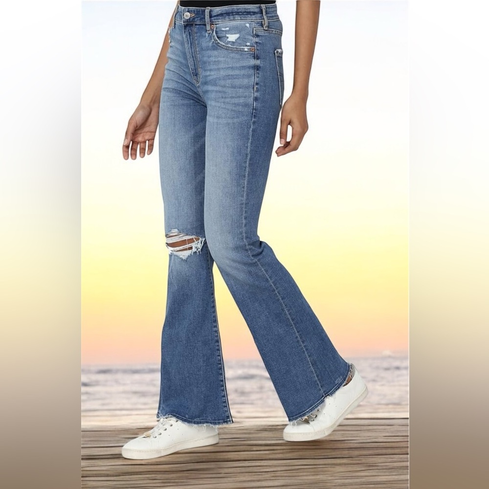American Eagle High Rise Flare Jeans Size 0 Bohemian 90s Festival High Waist - Picture 2 of 16